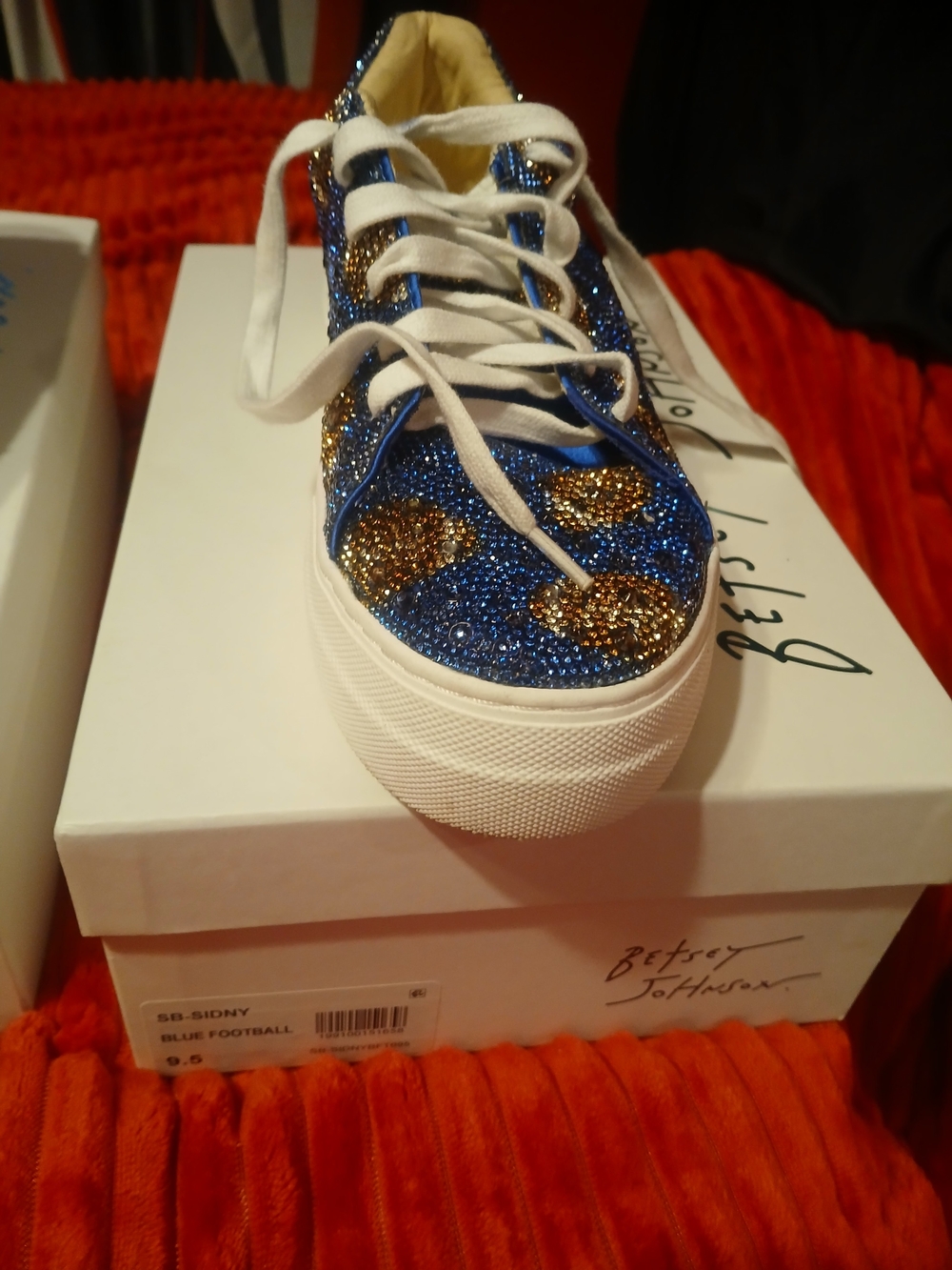 Betsey Johnson Blue and Gold Crystal Platform Lace-Up Sneaker
